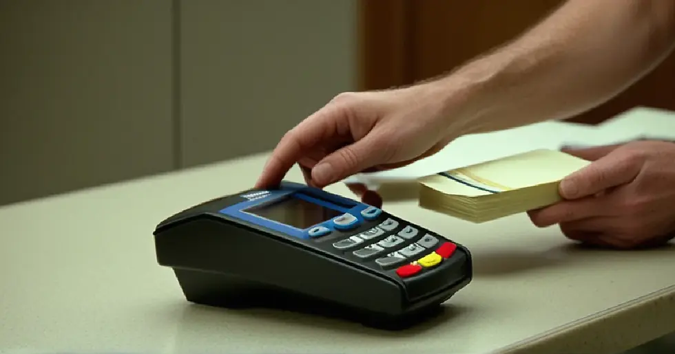 Unbranded payment terminal before a Michigan federal courthouse evokes scrutiny of high-risk payment processing.