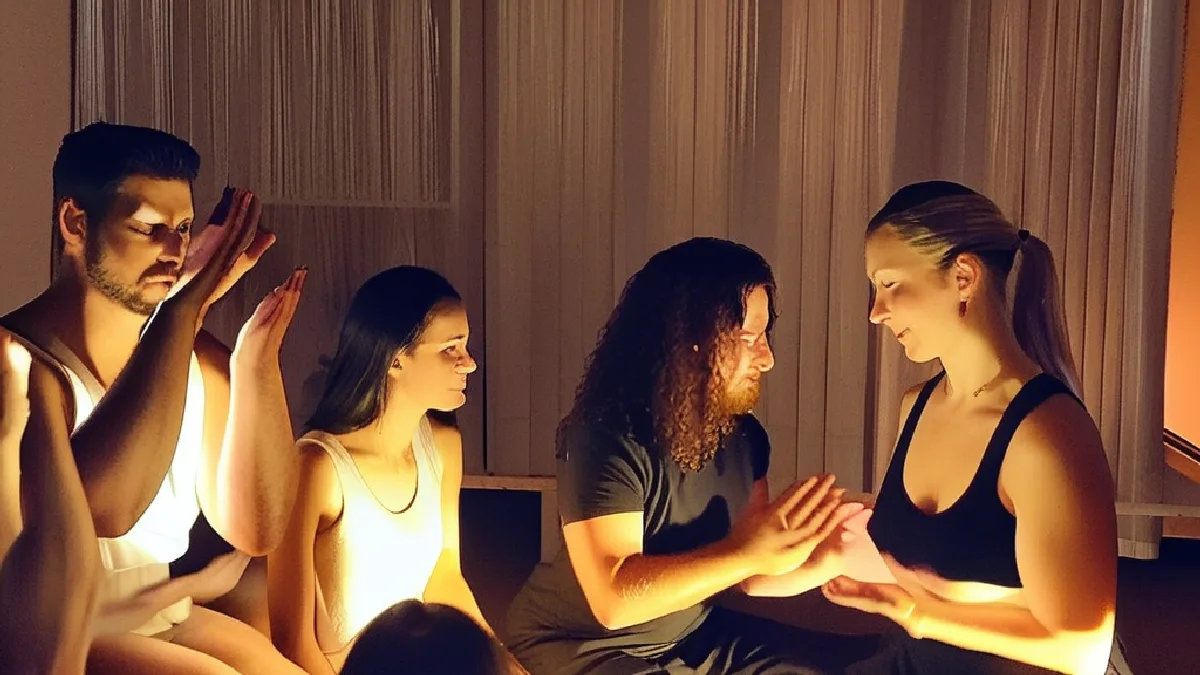 Participants lie back on mats with hands placed over their chests during a guided breathwork and meditation session inside the venue.