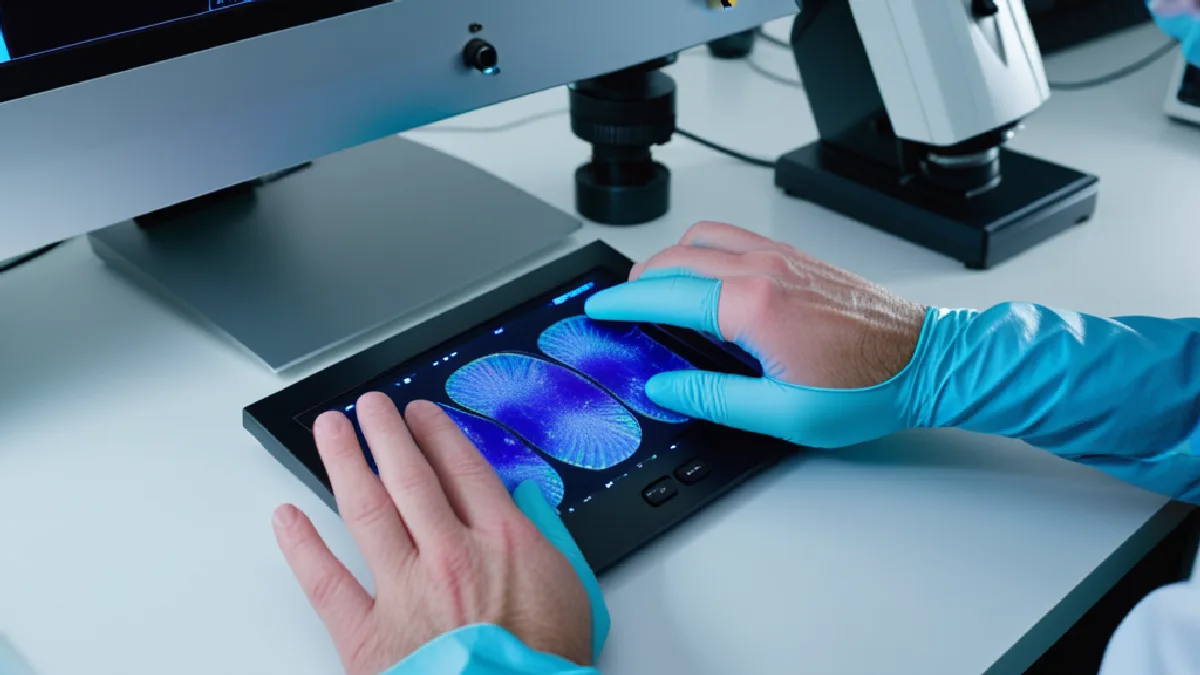 Researcher in gloves working with a modern microscope in a neuroscience lab to study complex brain activity data.