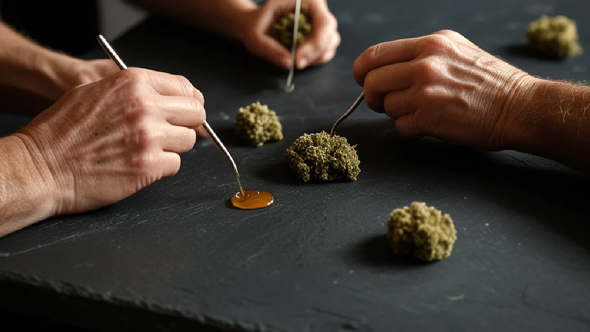 Manos enguantadas organizan muestras de cannabis en un entorno de laboratorio, ilustrando el apoyo de la encuesta al acceso regulado.