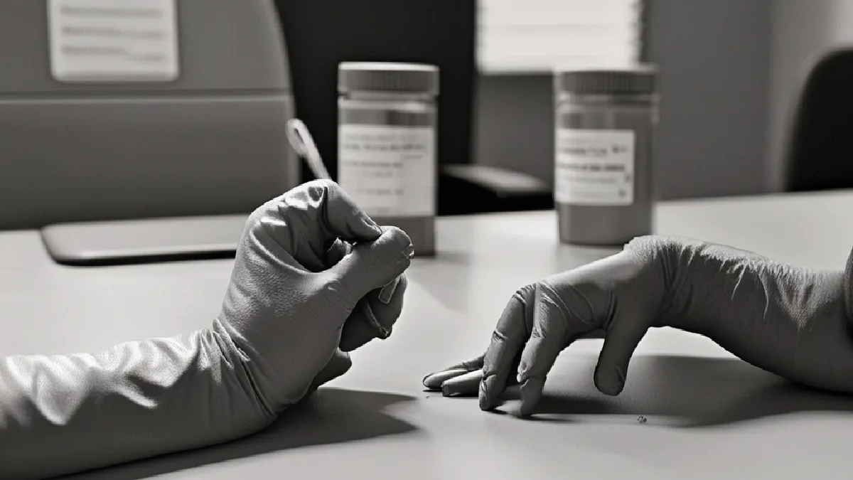 Clinician hands prepare unlabelled treatment containers in a community clinic, symbolizing medication access planning.