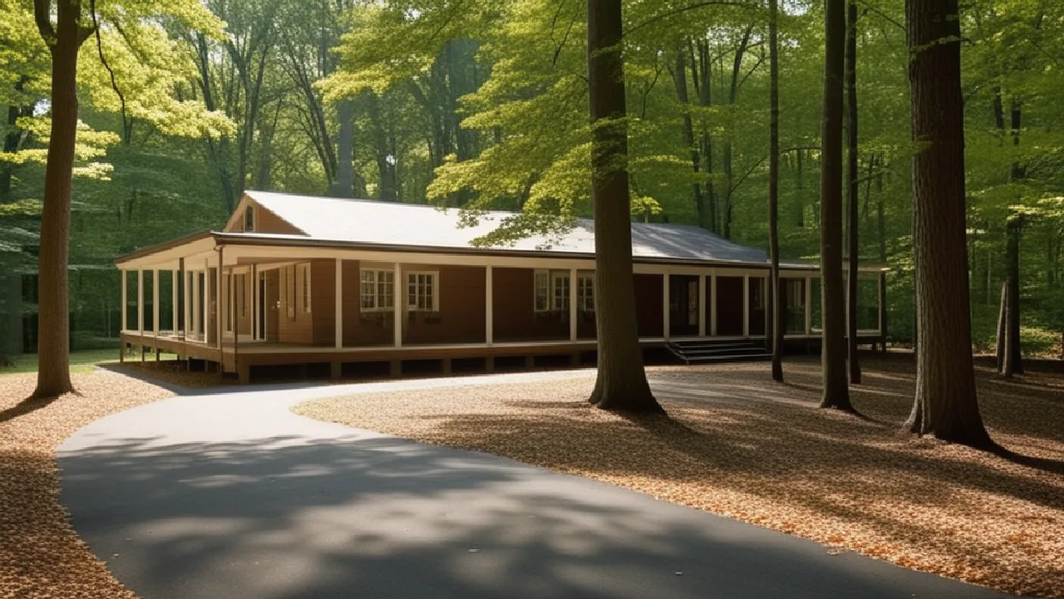 A Virginia woodland path leads toward a modest meetinghouse, evoking regional differences in community and policy culture.