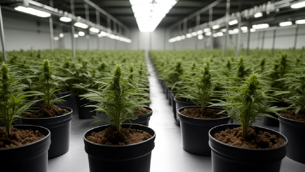 Un equipo empresarial se desplaza por una sala de cultivo de cannabis mientras los operadores evalúan distintas estructuras de participación accionaria de los empleados.