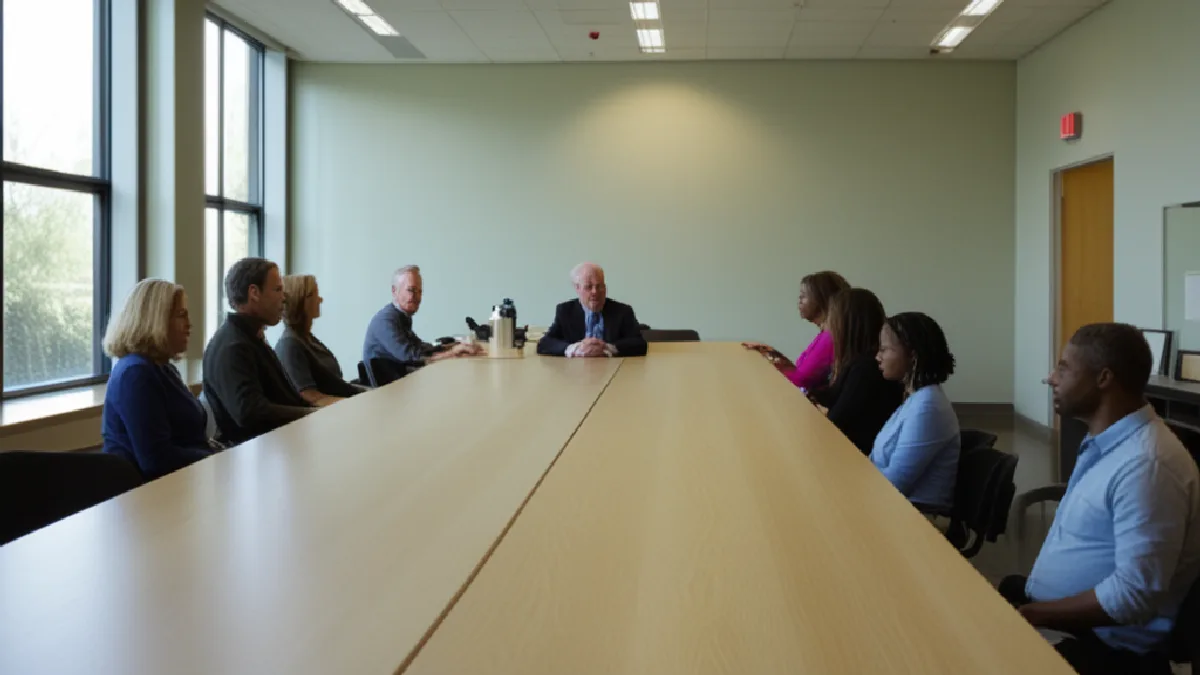 A welcoming DMV meeting space represents local listening sessions and community engagement.