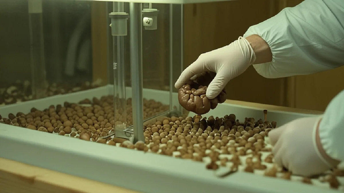 Gloved hands tend a small mushroom chamber, illustrating the affordability and autonomy tied to home cultivation.