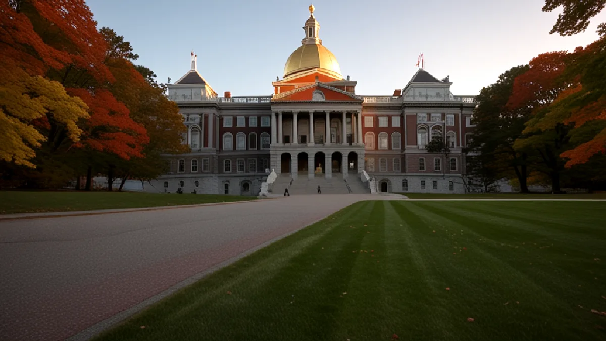 The Massachusetts State House rises at blue hour, representing the statewide Question 8 decision over adult-use cannabis.