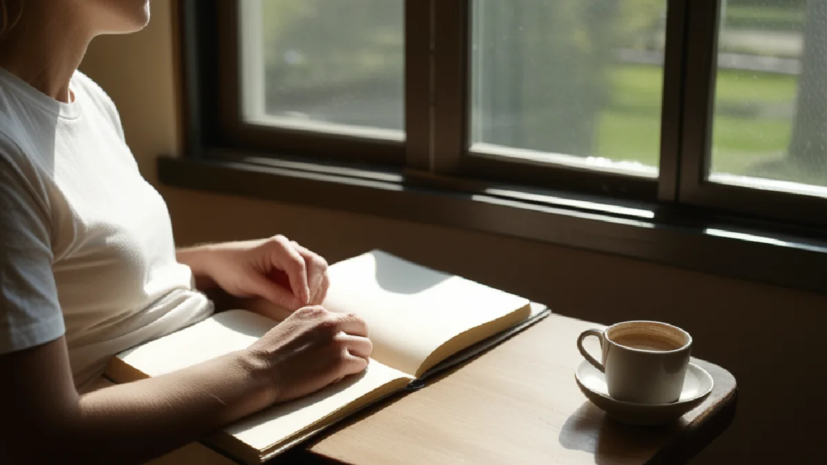 Hands make private sketches beside a window after an outdoor experience, with a park visible beyond the room.