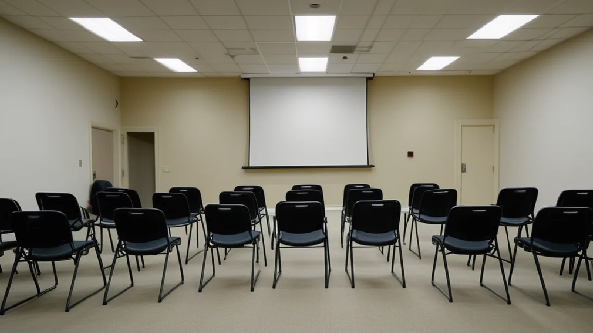 An empty regulatory meeting room evokes the rulemaking and licensing work scheduled before Virginia’s 2027 launch.