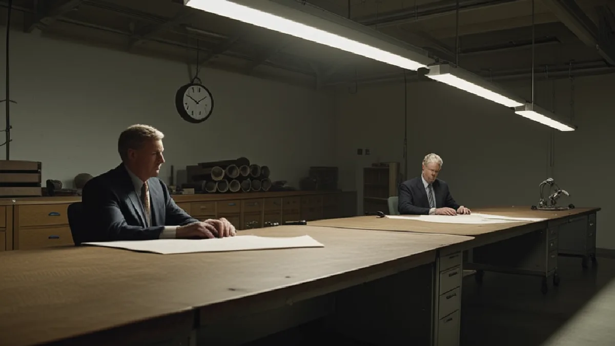 A looming clock and empty workstations symbolize the timing risk of workforce reductions before the federal ban.