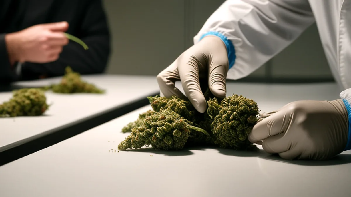 Faceless officials inspect unmarked cannabis samples while regulators seek consistent federal operating rules.