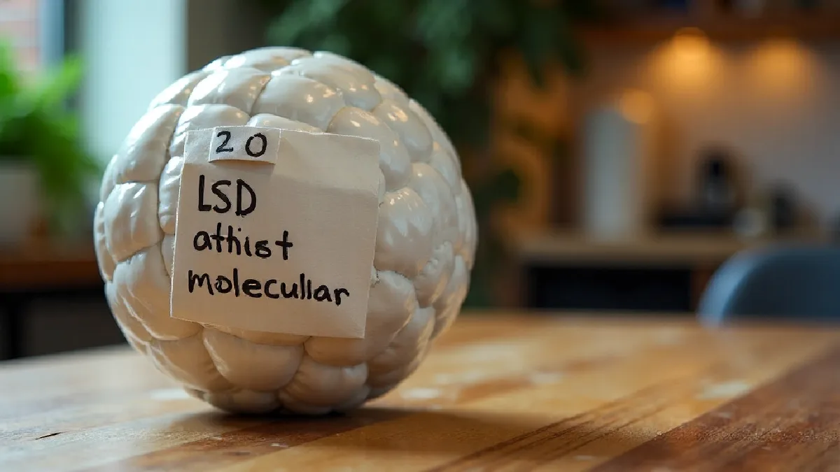 Molecular model and laboratory glassware evoke LSD’s scientific history and renewed research attention.