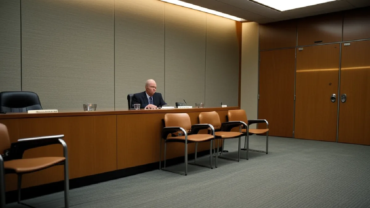 An empty administrative hearing room represents the judge’s stay of the marijuana rescheduling proceeding.
