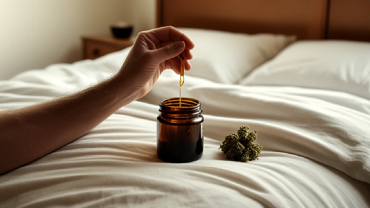 Adulto visto de espaldas en un dormitorio tranquilo junto a flores de cannabis, evocando los cambios reportados en los síntomas del sueño y el estado de ánimo.