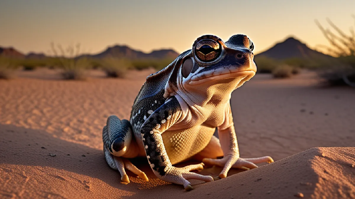 A Sonoran Desert toad sits among native plants near a distant shelter, reflecting scrutiny of toad-medicine traditions.