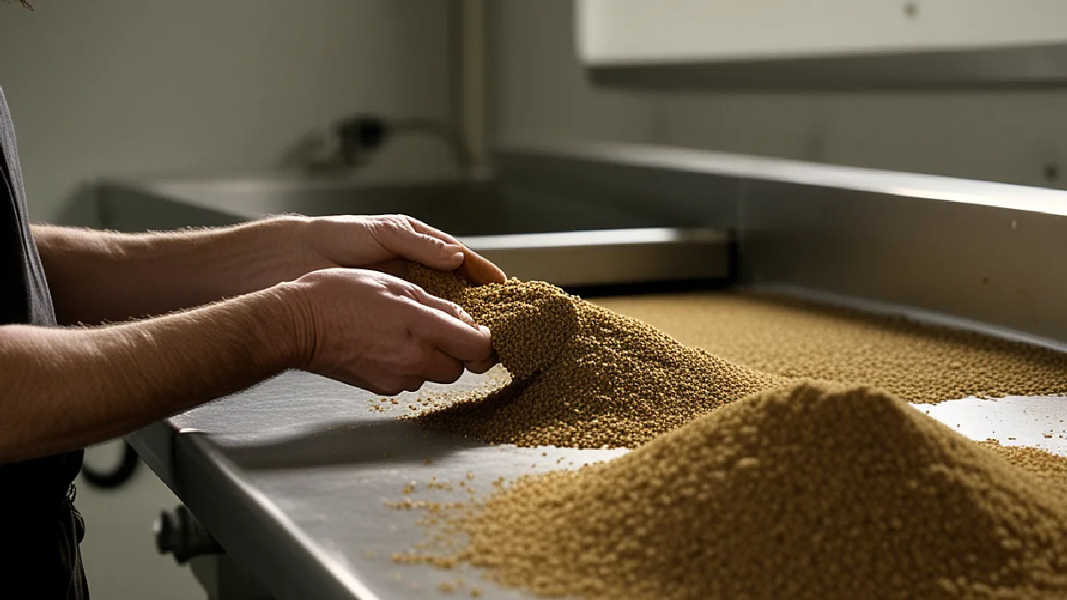 Gloved hands handle hemp beside stainless equipment, evoking higher licensing costs for Texas manufacturers.