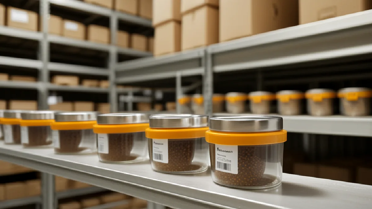 Gloved hands handle unmarked hemp-derived cannabinoid containers in a fulfillment setting vulnerable to policy changes.