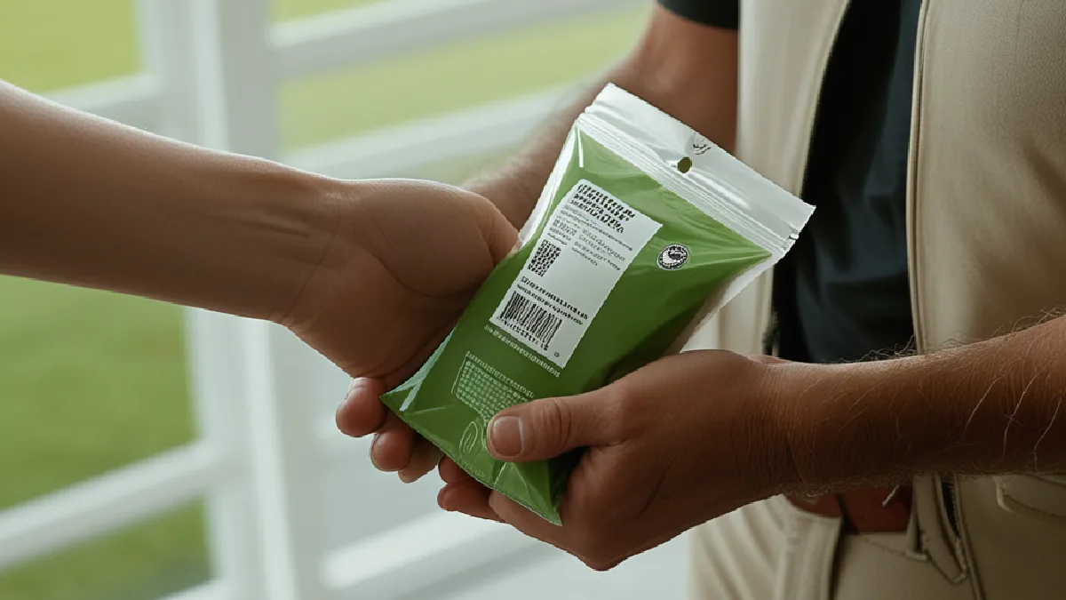 Two anonymous pairs of hands exchange an unlabelled order at a private doorway, illustrating trust in delivery service.