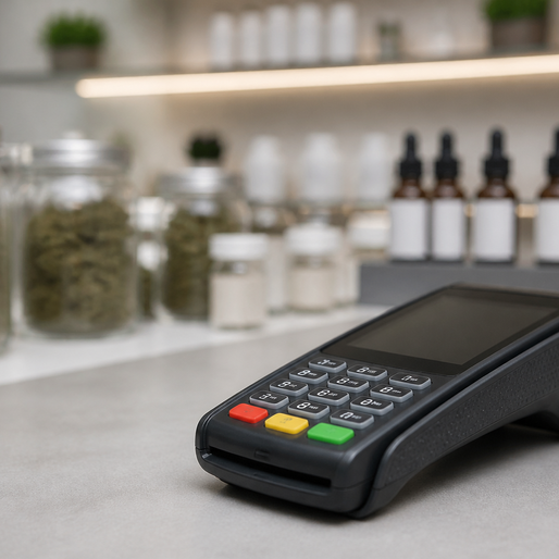 Payment terminal at a cannabis retail counter with hemp flower jars and CBD tincture bottles in the background