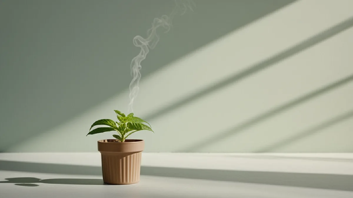 A young cannabis plant beside diminishing light columns symbolizes the reported national decline in high school use.
