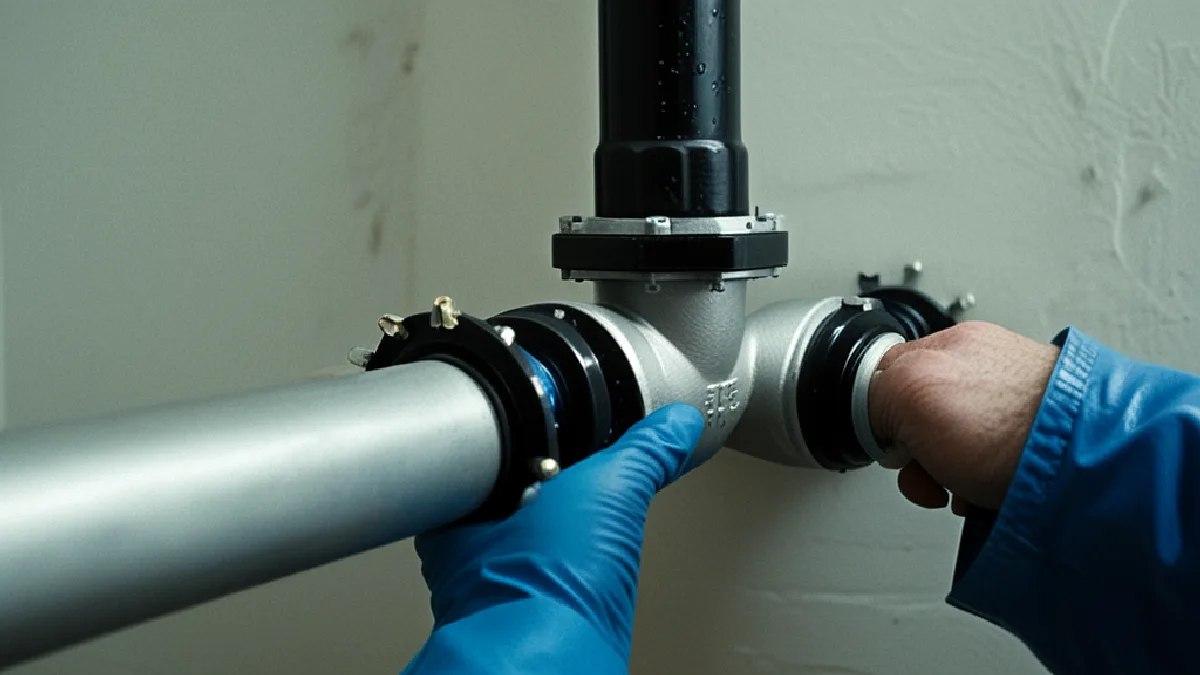 A person wearing a blue gloved hand and a bare hand adjusts a metal pipe junction against a light-colored wall.