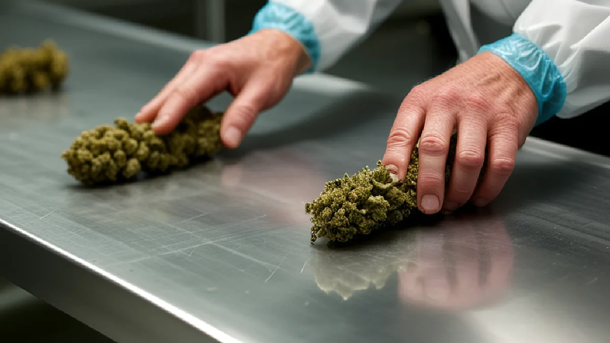 Gloved workers inspect unlabelled cannabis flower in a Florida facility, suggesting careful decisions about operations and investment.