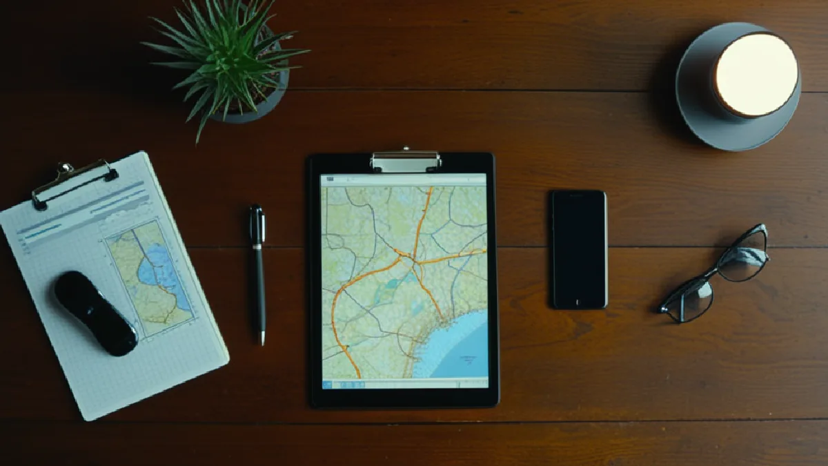 Overhead view of transport manifests, digital routing tablet, and locked security boxes on a desk, highlighting legal caution in delivery operations.