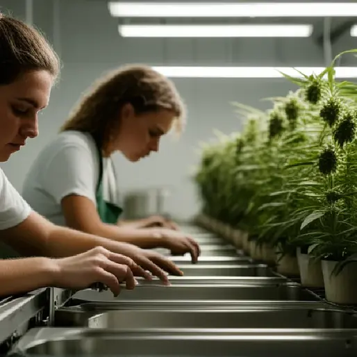 Faceless workers coordinate inside an indoor cannabis facility, symbolizing operational integration after mergers.