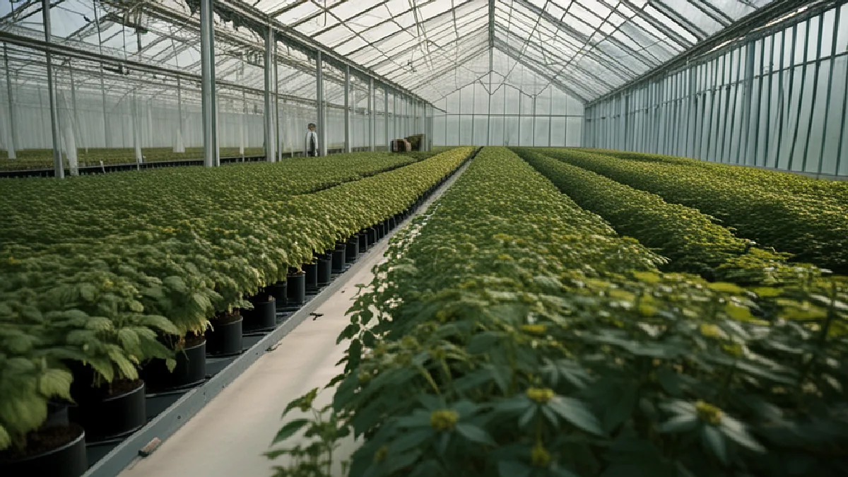 A greenhouse interior combines daylight and supplemental lighting, evoking varied cultivation models across U.S. cannabis markets.