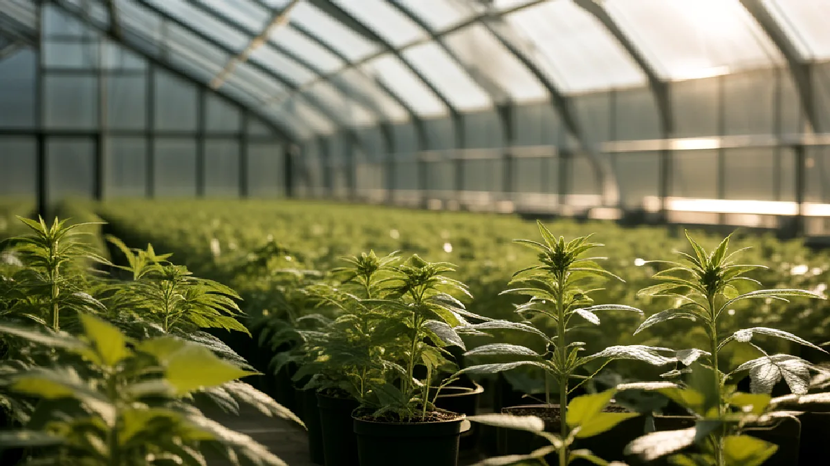 Close-up photograph of lush green cannabis foliage inside a sunlit greenhouse, representing Virginia's complex regulatory landscape.
