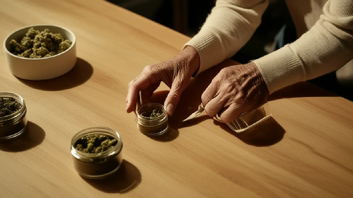 Hands examine measured cannabis products during a calm consultation aimed at older adult consumers.