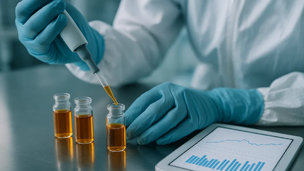 Gloved hands precision-pipetting amber botanical extract in a brightly lit laboratory setting to illustrate scientific research and testing.