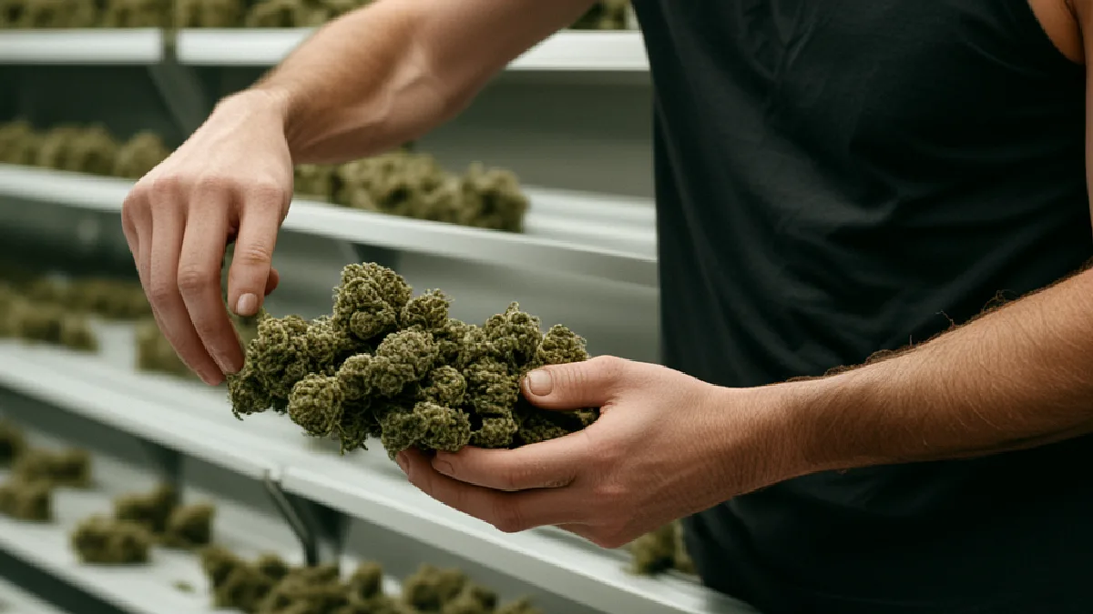 Gloved hands inspect organized cannabis inventory, illustrating steadier demand and more controlled retail planning.