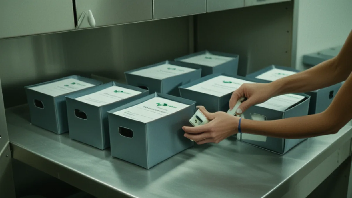 Gloved hands prepare unmarked cannabis packages in a secure facility, illustrating delivery rules in regulated markets.
