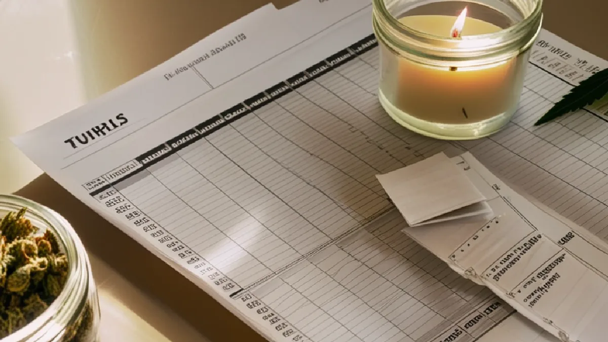 Financial performance charts and a glass jar of cannabis flower sit on a conference table, illustrating market impact analysis.