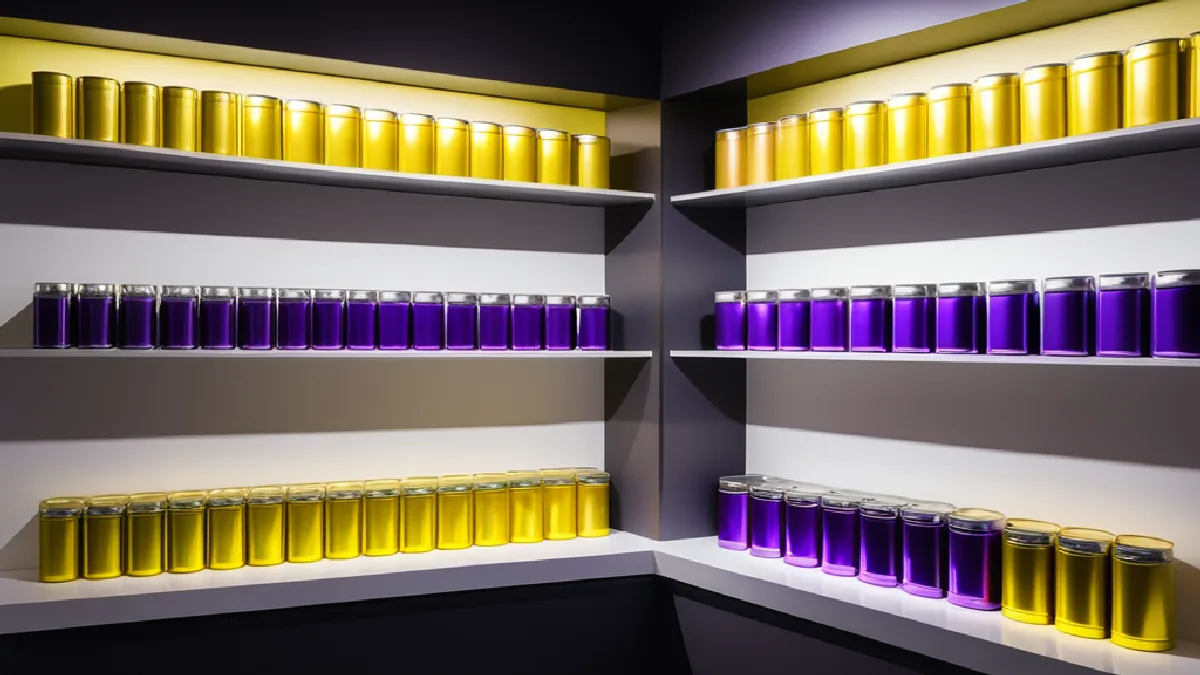 Minimalist unbranded beverage cans arranged by color gradient on modern retail shelves, depicting effect-focused product categorizations.