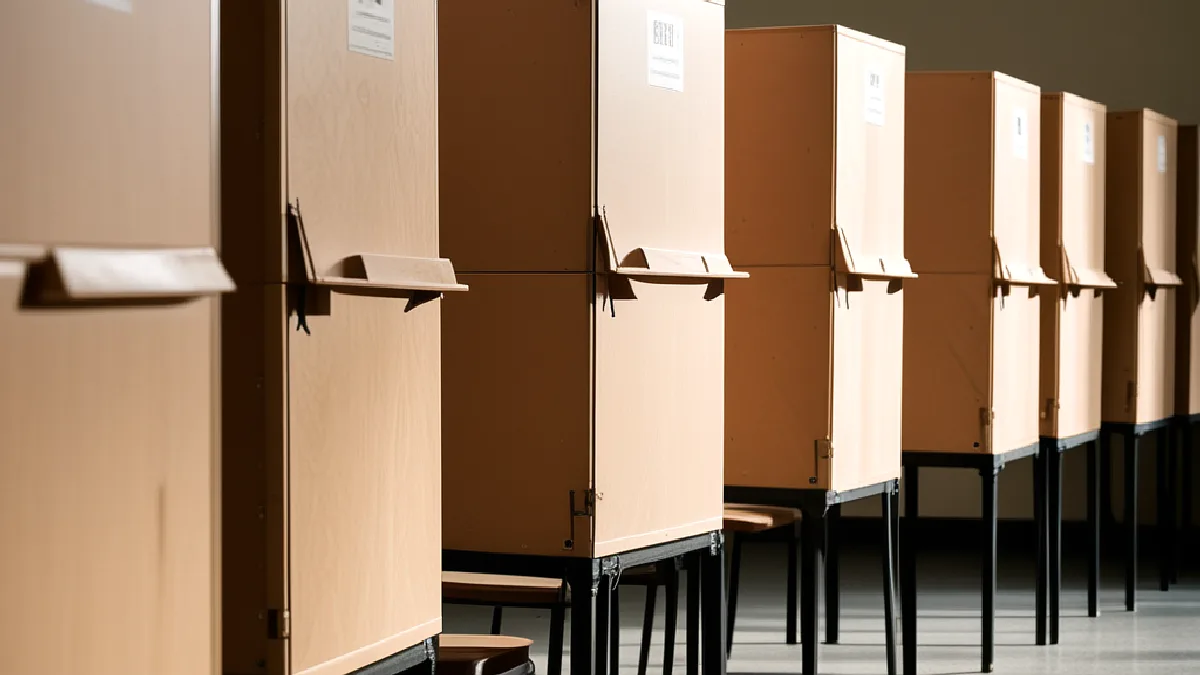 A poll worker prepares a voting booth ahead of November decisions on major cannabis measures.