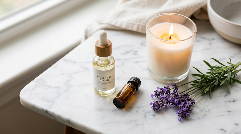 Cannabis wellness products dropper bottle tincture vial candle and lavender on marble surface representing relaxation self-care trends