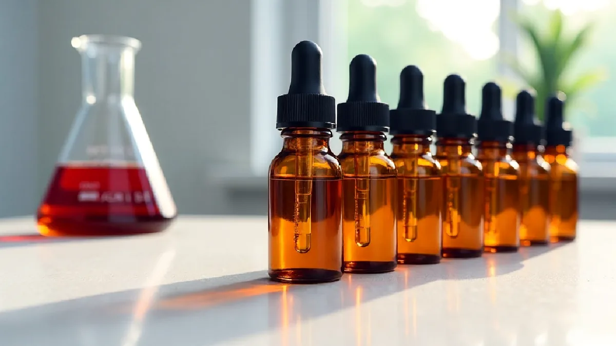 Amber dropper bottles and precision measuring tools arranged on a clinic counter, highlighting safety and dosage considerations.