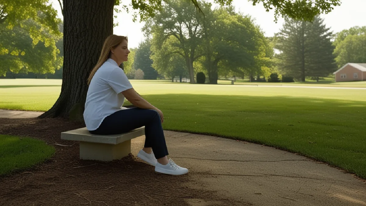 A distant figure rests beside a garden path, suggesting cautious improvements in daily life after chronic symptoms.