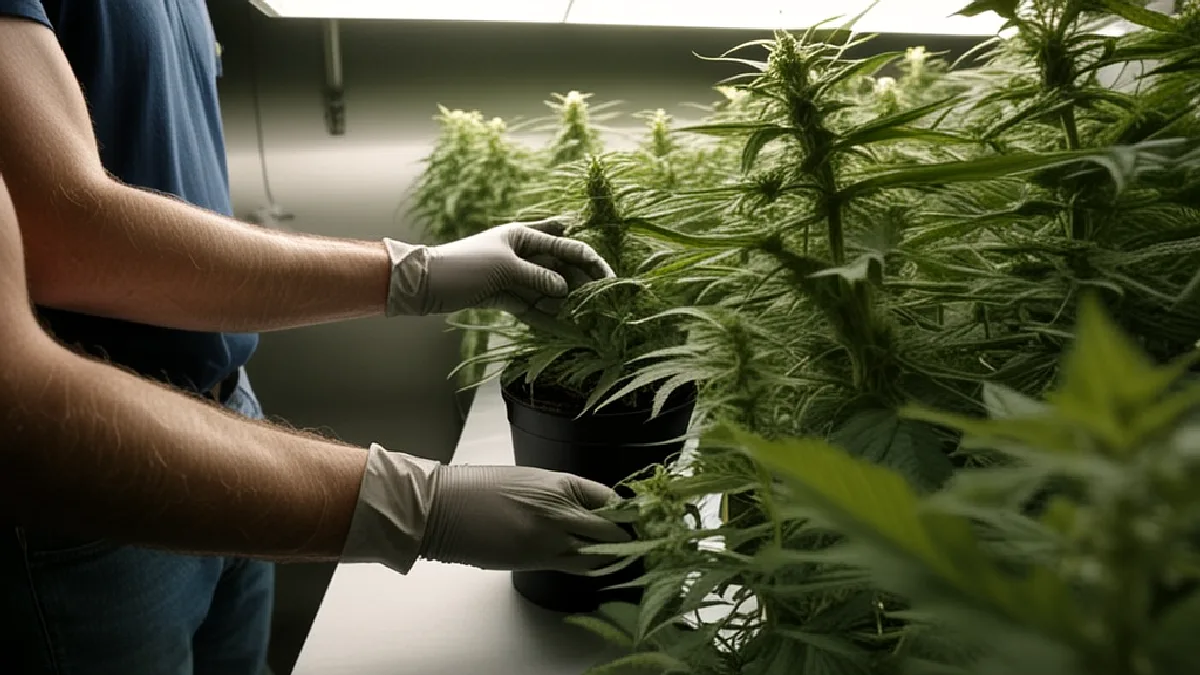 A cultivated cannabis plant grows under controlled lights, reflecting Virginia’s regulated medical access and restricted retail market.