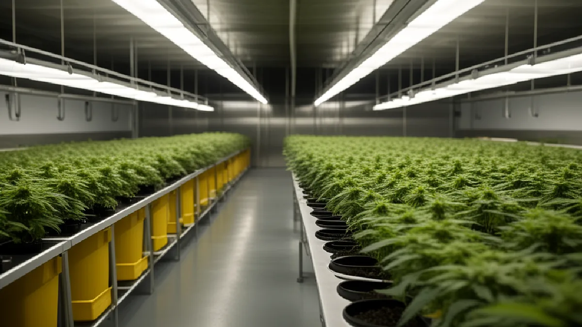Workers move through a varied indoor grow environment, representing the patchwork of cannabis rules across states.