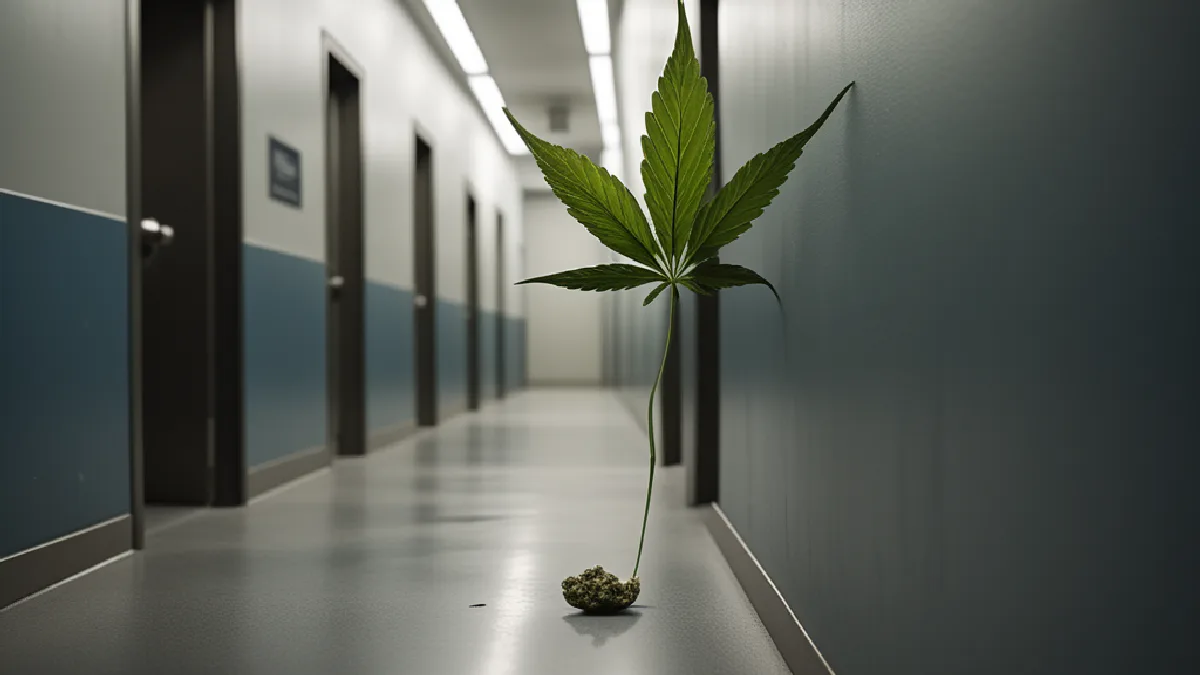 A suspended cannabis leaf hangs over a repeating institutional hallway, evoking the scale of 2025 arrest reports.