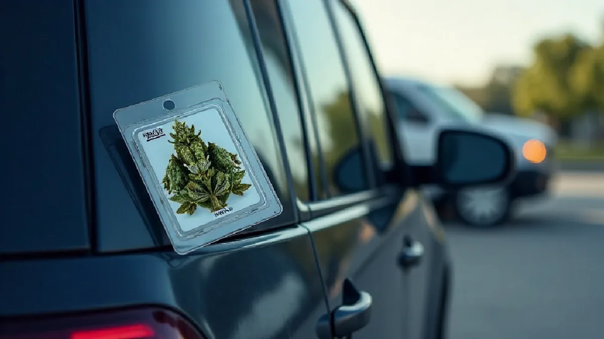 A locked metallic transport case storing sealed cannabis packages inside a delivery vehicle, illustrating strict transport compliance rules.