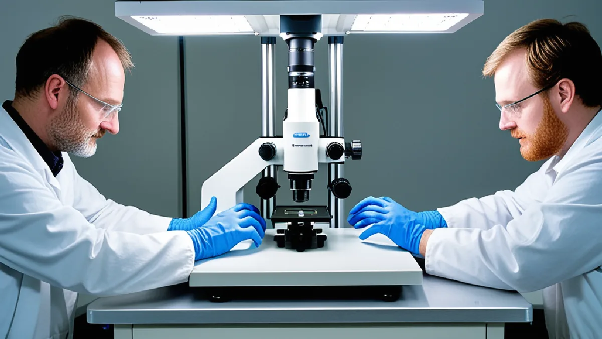 A scientific laboratory setup with a microscope, sample tubes, and plant specimens highlighting research findings supporting cannabis therapy.