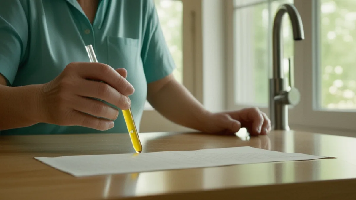 An adult prepares an unlabelled CBD dose with water during a clear-headed morning routine.