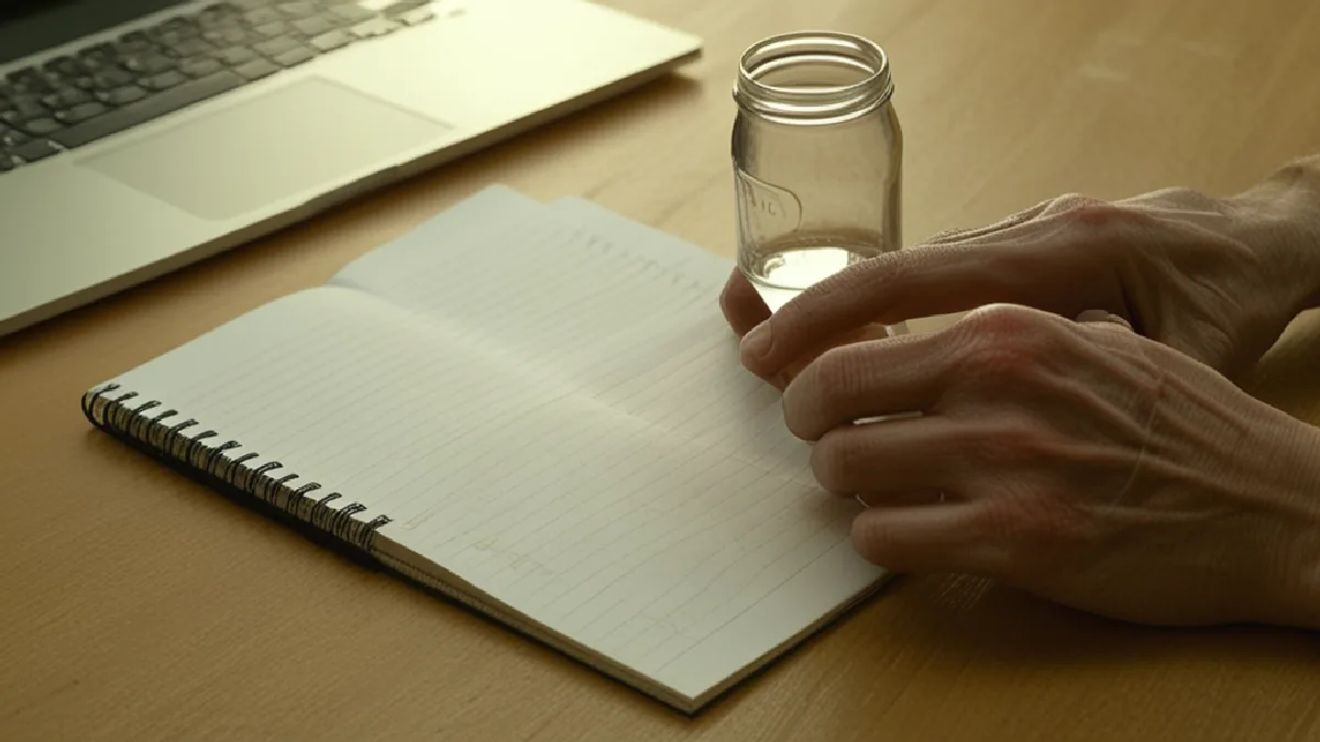 Anonymous hands and an unlabelled capsule beside water depict a structured facilitator check-in and preparation session.