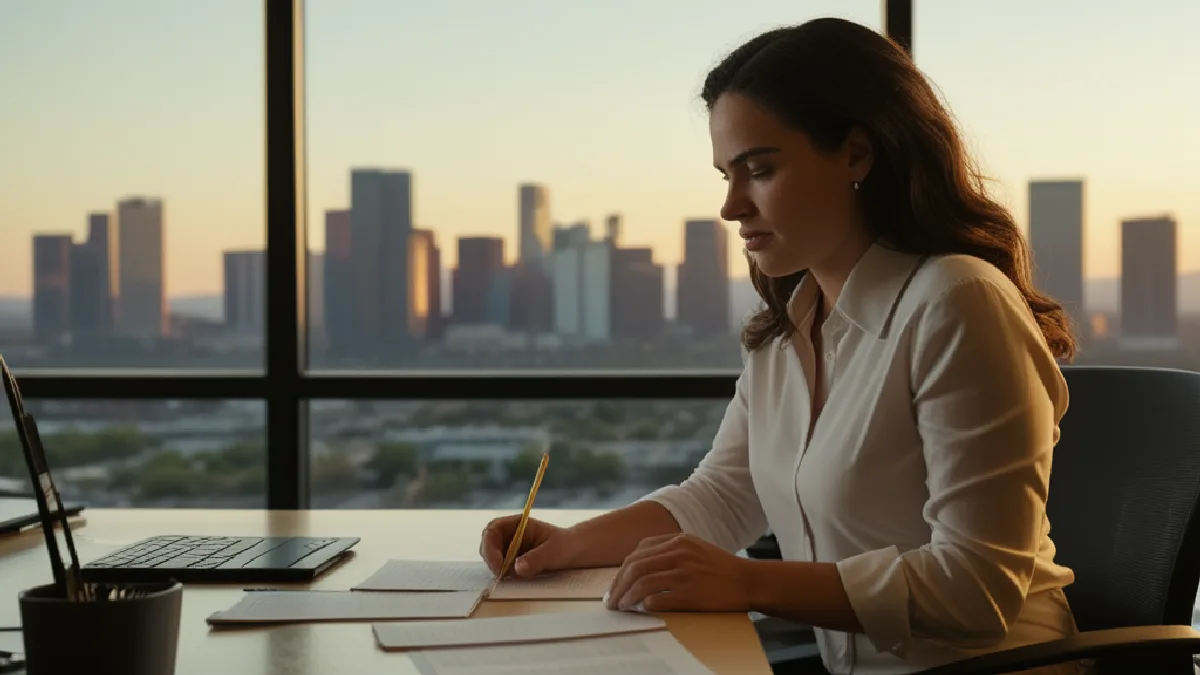 modern office interior at dusk with city skyline beyond the glass in Arizona, illustrating business opportunities for dmv entrepreneurs