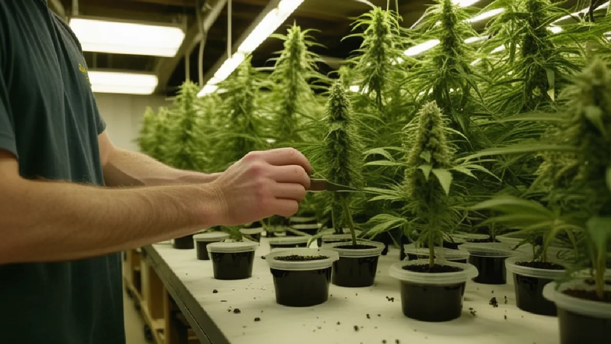 Gloved hands trim freshly harvested cannabis in a small Minnesota grow room, illustrating craft and consumer trust.