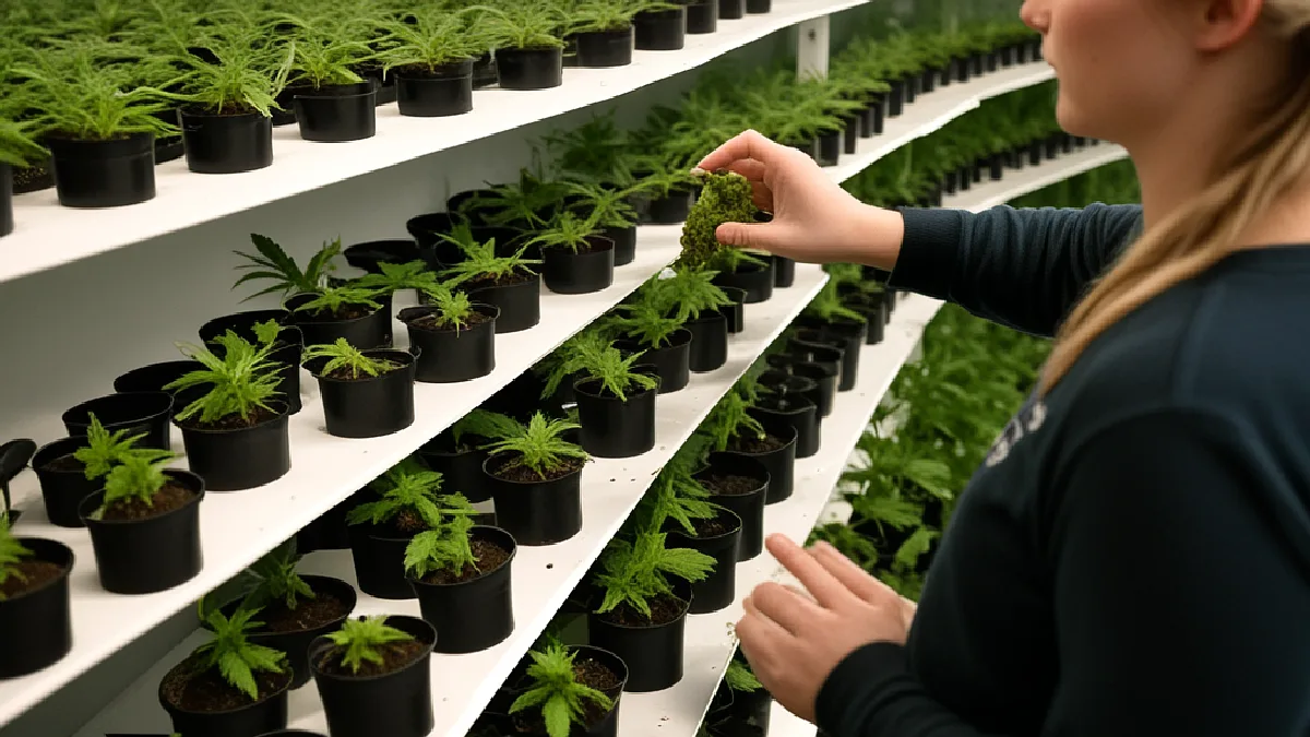Gloved hands inspect cannabis plants in a controlled facility, evoking skilled work and compensation standards.