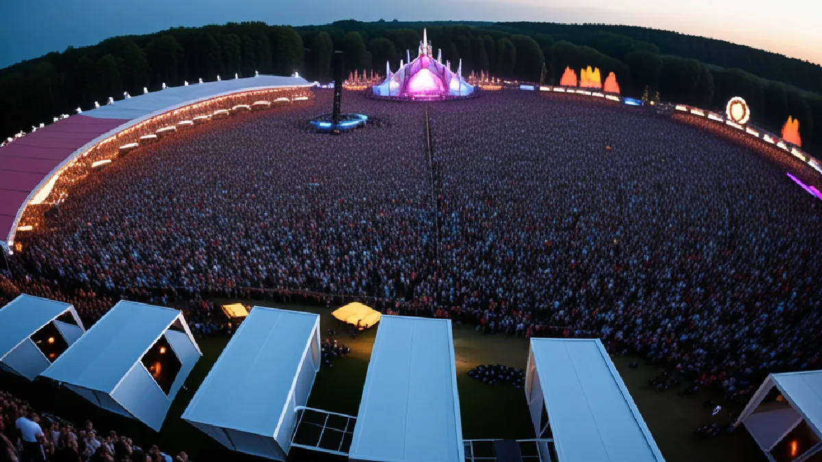 A nighttime crowd faces Tomorrowland’s elaborate stage, representing the global festival circuit shaping dance culture.